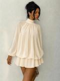 Beige Long Sleeve Mesh Fall Fashion Loose Fit Pleated Ruffles Mini Dress