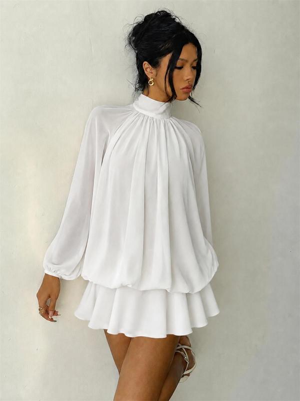 White Long Sleeve Mesh Fall Fashion Loose Fit Pleated Ruffles Mini Dress