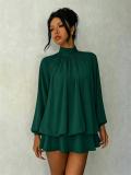 Green Long Sleeve Mesh Fall Fashion Loose Fit Pleated Ruffles Mini Dress