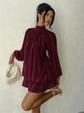 Wine Red Long Sleeve Mesh Fall Fashion Loose Fit Pleated Ruffles Mini Dress