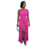 Rose Red One Shoulder Pleated Mesh High Split Mesh Party Elegant Dress