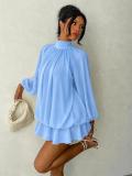Blue Long Sleeve Mesh Fall Fashion Loose Fit Pleated Ruffles Mini Dress