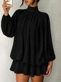 Black Long Sleeve Mesh Fall Fashion Loose Fit Pleated Ruffles Mini Dress