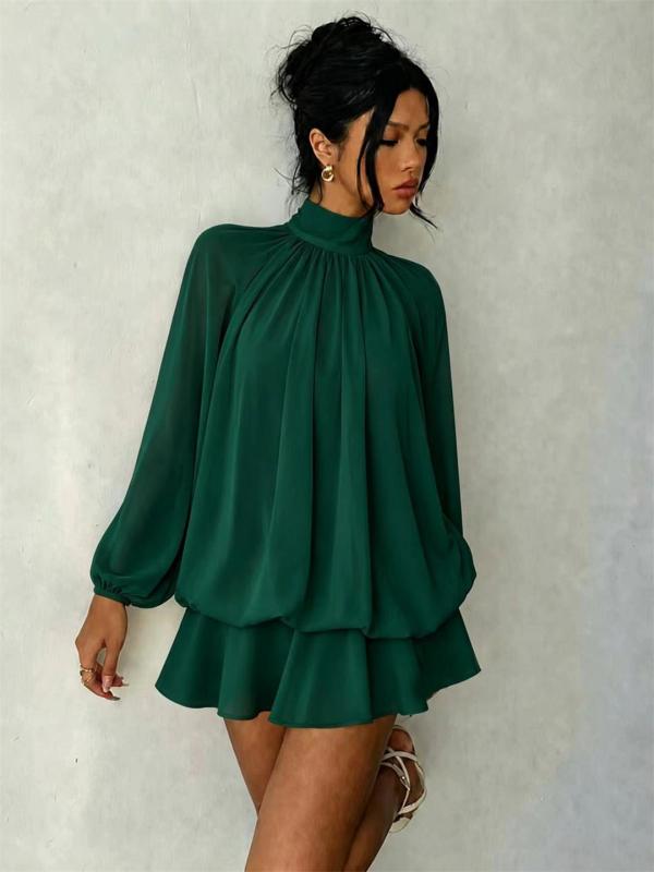 Green Long Sleeve Mesh Fall Fashion Loose Fit Pleated Ruffles Mini Dress