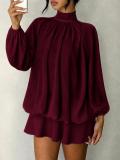 Wine Red Long Sleeve Mesh Fall Fashion Loose Fit Pleated Ruffles Mini Dress