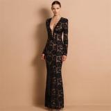 Black Lace Long Sleeve Deep V Neck Evening Elegant Bodycon Women Prom Dress