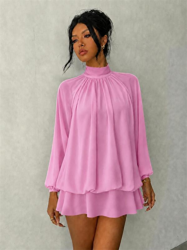 Pink Long Sleeve Mesh Fall Fashion Loose Fit Pleated Ruffles Mini Dress