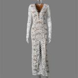 White Lace Long Sleeve Deep V Neck Evening Elegant Bodycon Women Prom Dress