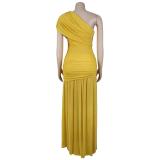 Yellow One Shoulder Pleated Mesh High Split Mesh Party Elegant Dress