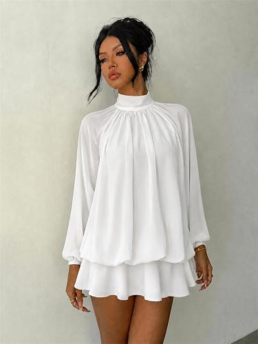 White Long Sleeve Mesh Fall Fashion Loose Fit Pleated Ruffles Mini Dress