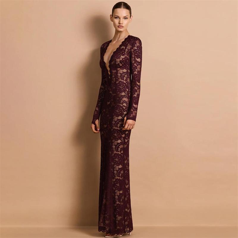 Wine Red Lace Long Sleeve Deep V Neck Evening Elegant Bodycon Women Prom Dress