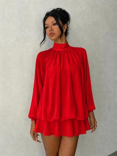 Red Long Sleeve Mesh Fall Fashion Loose Fit Pleated Ruffles Mini Dress