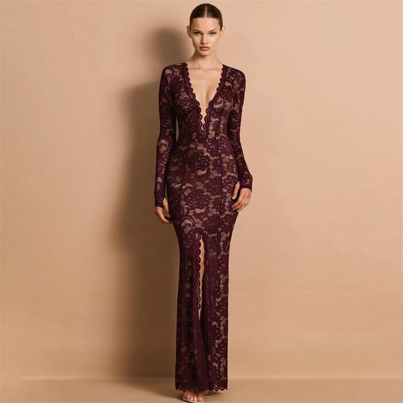 Wine Red Lace Long Sleeve Deep V Neck Evening Elegant Bodycon Women Prom Dress