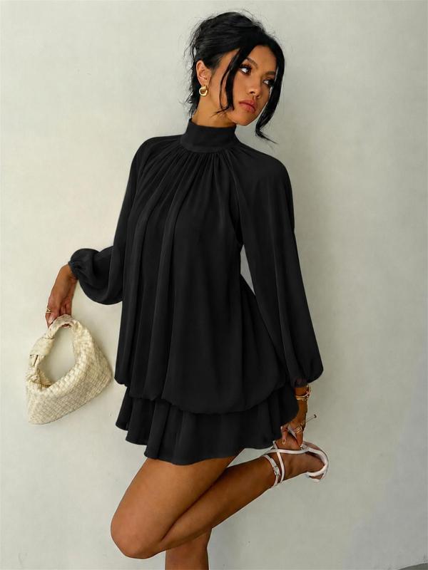Black Long Sleeve Mesh Fall Fashion Loose Fit Pleated Ruffles Mini Dress