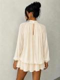 Beige Long Sleeve Mesh Fall Fashion Loose Fit Pleated Ruffles Mini Dress