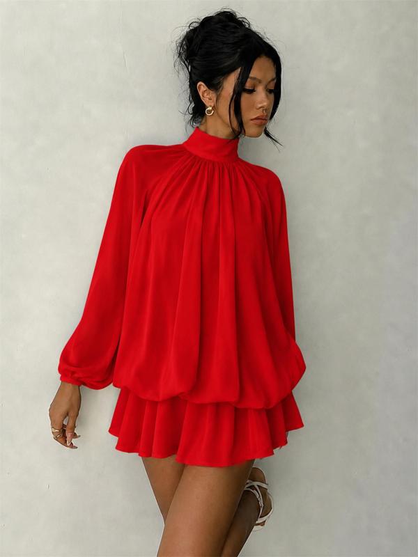 Red Long Sleeve Mesh Fall Fashion Loose Fit Pleated Ruffles Mini Dress