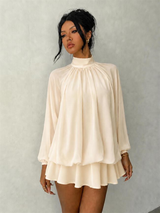 Beige Long Sleeve Mesh Fall Fashion Loose Fit Pleated Ruffles Mini Dress