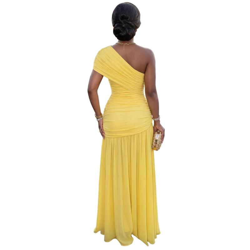 Yellow One Shoulder Pleated Mesh High Split Mesh Party Elegant Dress