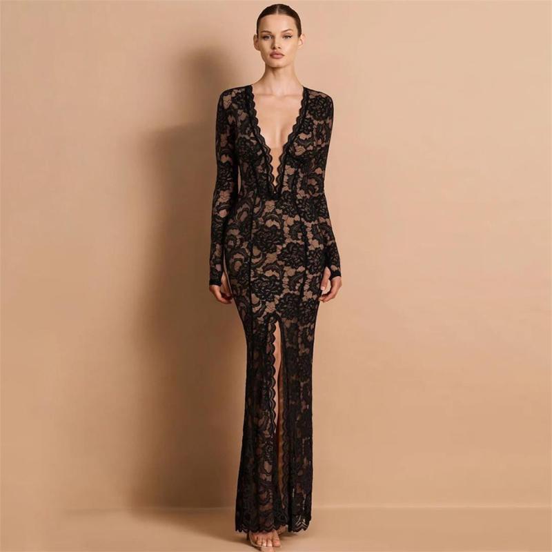 Black Lace Long Sleeve Deep V Neck Evening Elegant Bodycon Women Prom Dress