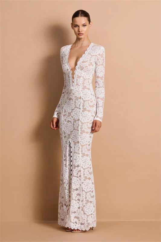 White Lace Long Sleeve Deep V Neck Evening Elegant Bodycon Women Prom Dress