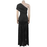 Black One Shoulder Pleated Mesh High Split Mesh Party Elegant Dress