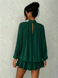 Green Long Sleeve Mesh Fall Fashion Loose Fit Pleated Ruffles Mini Dress