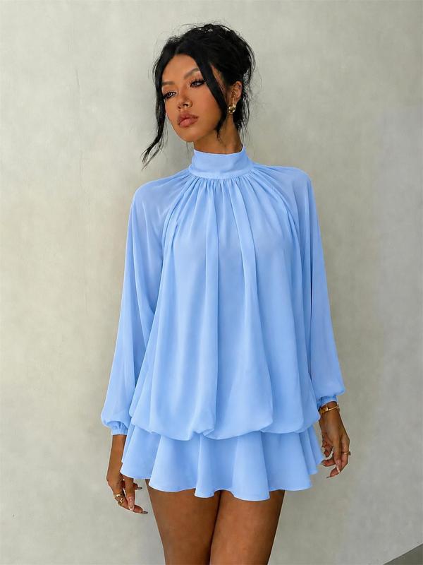 Blue Long Sleeve Mesh Fall Fashion Loose Fit Pleated Ruffles Mini Dress