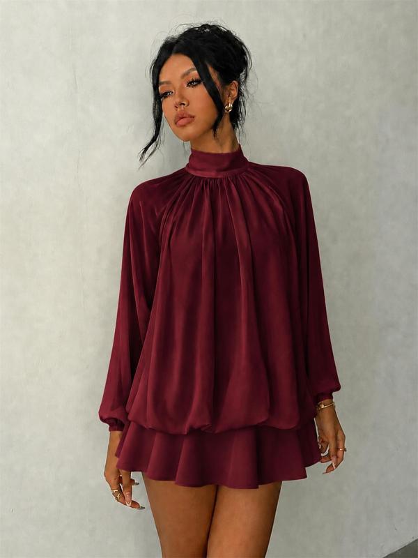 Wine Red Long Sleeve Mesh Fall Fashion Loose Fit Pleated Ruffles Mini Dress