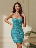 Blue Off Shoulder Sequins V Neck Fishbone Women Elegant Party Bodycon Dress