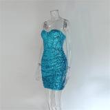 Blue Off Shoulder Sequins V Neck Fishbone Women Elegant Party Bodycon Dress