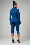 Blue Two Pieces Velvet Suede Zipper Jacket Coat Stretch Fashion Women Cropped Pants