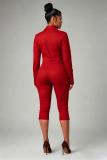 Red Two Pieces Velvet Suede Zipper Jacket Coat Stretch Fashion Women Cropped Pants