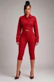 Red Two Pieces Velvet Suede Zipper Jacket Coat Stretch Fashion Women Cropped Pants