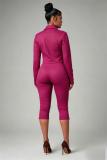 Rose Red Two Pieces Velvet Suede Zipper Jacket Coat Stretch Fashion Women Cropped Pants