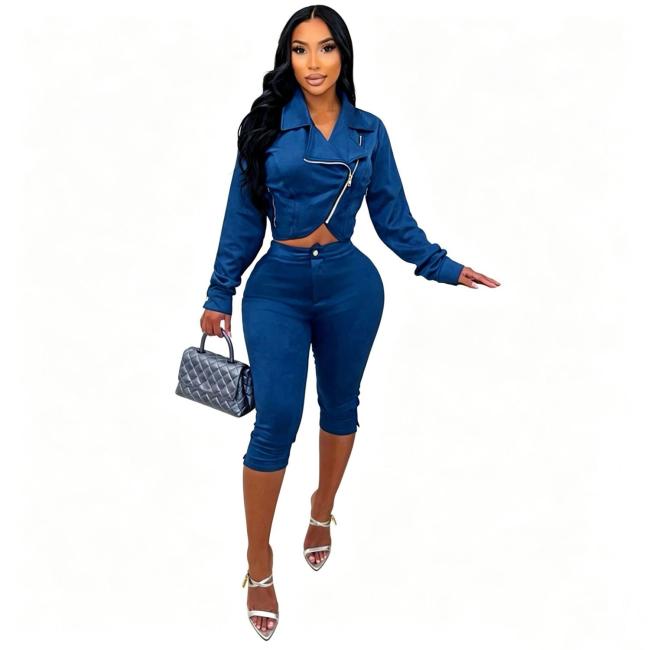 Blue Two Pieces Velvet Suede Zipper Jacket Coat Stretch Fashion Women Cropped Pants