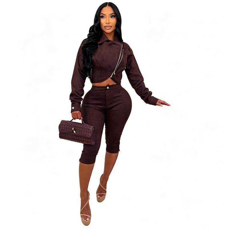 Brown Two Pieces Velvet Suede Zipper Jacket Coat Stretch Fashion Women Cropped Pants