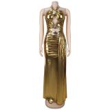 Gold Gilding Sleeveless Hollow Out Bandage Party Evening Long Dress