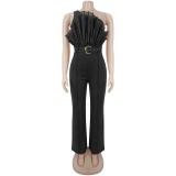 Black Off Shoulder Mesh Pleated Boat Neck Elegant Office Party Jumpsuits
