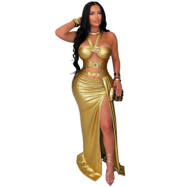 Gold Gilding Sleeveless Hollow Out Bandage Party Evening Long Dress