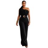 Black Off Shoulder Mesh Pleated Boat Neck Elegant Office Party Jumpsuits