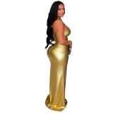 Gold Gilding Sleeveless Hollow Out Bandage Party Evening Long Dress