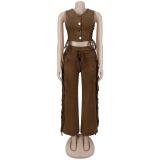 Brown Two Pieces Sleeveless V Neck Vest Top Tassles Cowgirl Pant Sets