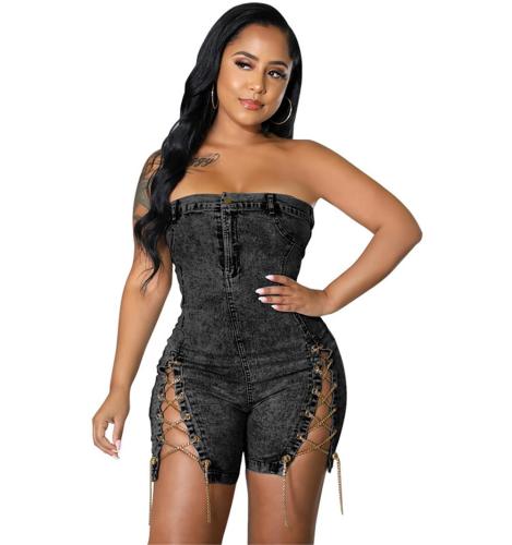 Black Off Shoulder Denim Bodycon Sexy Chains Bandage Rompers