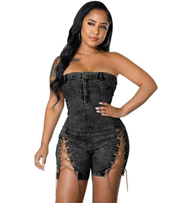 Black Off Shoulder Denim Bodycon Sexy Chains Bandage Rompers