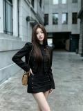 Black Two Pieces Sweaters Casual Coat and Mini Skirt Dress Sets