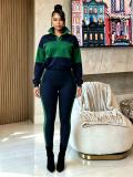 Royal Blue Two Pieces Long Sleeve POLO Tops Sheath Casual Long Pant Sets