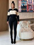 Black Two Pieces Long Sleeve POLO Tops Sheath Casual Long Pant Sets