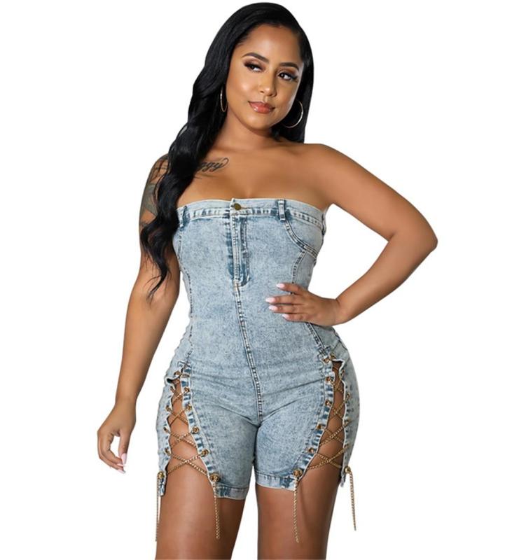 Light Blue Off Shoulder Denim Bodycon Sexy Chains Bandage Rompers