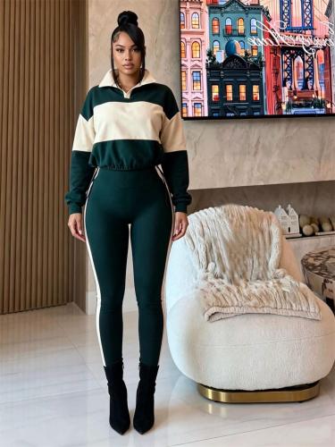 Green Two Pieces Long Sleeve POLO Tops Sheath Casual Long Pant Sets