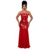Red Off Shoulder Sequins Bodycon Pleated Evening Prom Long Dress